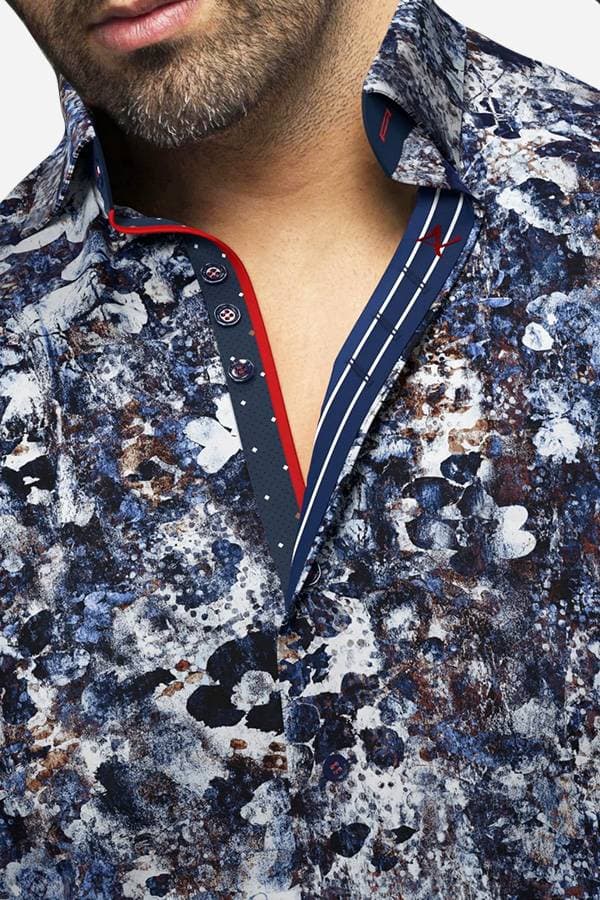 Close-up of the same shirt, highlighting the abstract pattern and contrasting inner collar details with navy, red, and white accents, adding a unique and stylish touch to the design.
