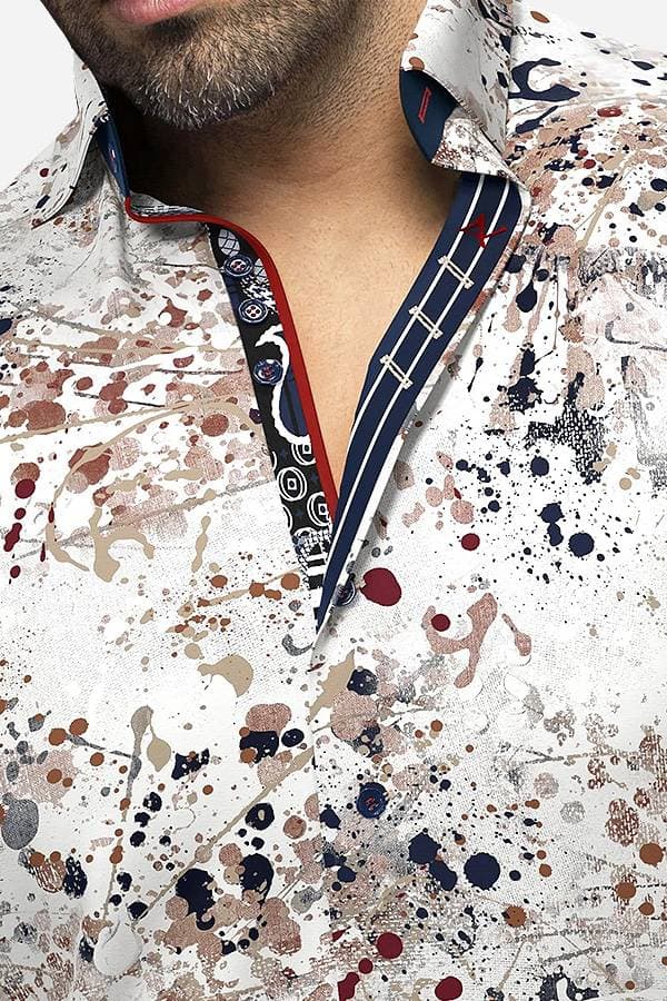 Close-up of the same shirt, highlighting the intricate paint-splatter pattern and contrasting collar details, including red and navy accents with geometric stitching and decorative trim for added sophistication.