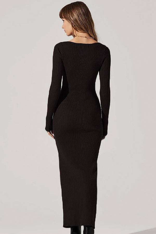 V-Neck Black Ribbed Sweater Dress | Women's - $245.00 - View 2 of 3