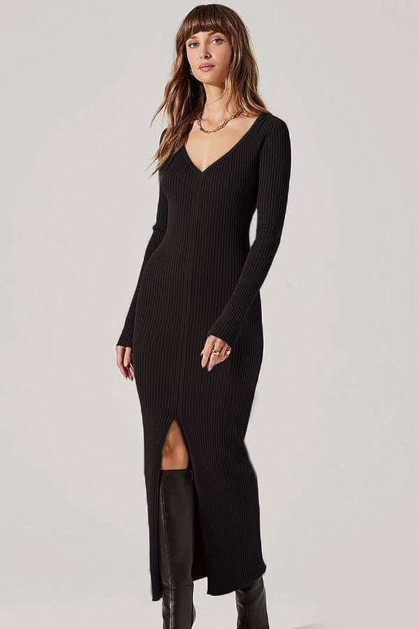 V-Neck Black Ribbed Sweater Dress | Women's - $245.00 - View 1 of 3