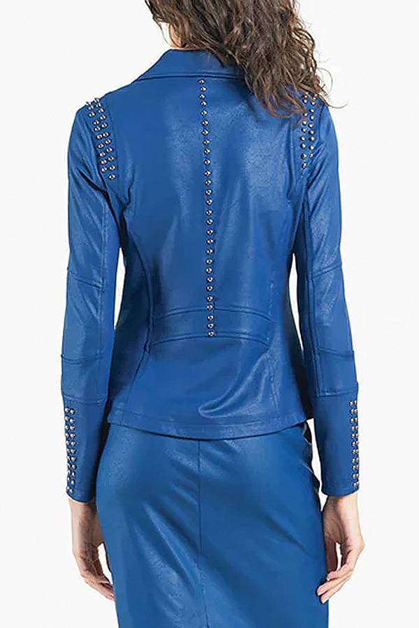 back view of Blue Faux Leather Jacket leather