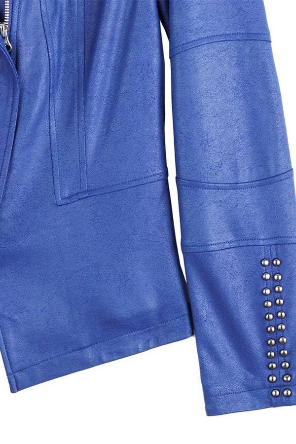 closeup view of Blue Faux Leather Jacket leather