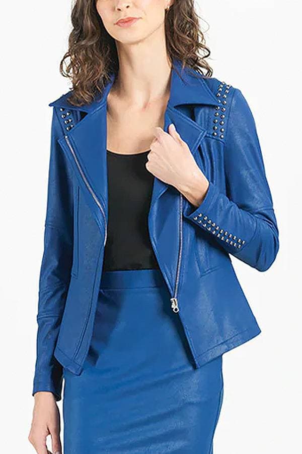 Front view of Blue Faux Leather Jacket leather