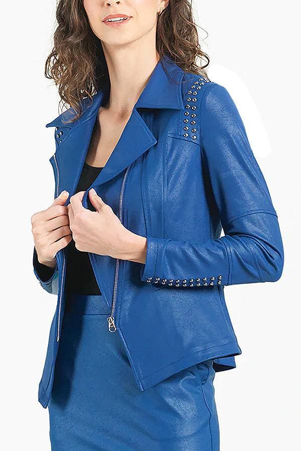 Front view of Blue Faux Leather Jacket leather