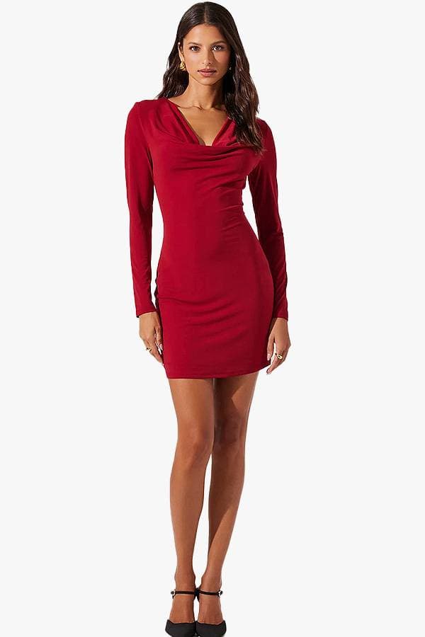 Red Cowl Neck Mini Skirt Dress | Women's - $165.00 - View 3 of 4