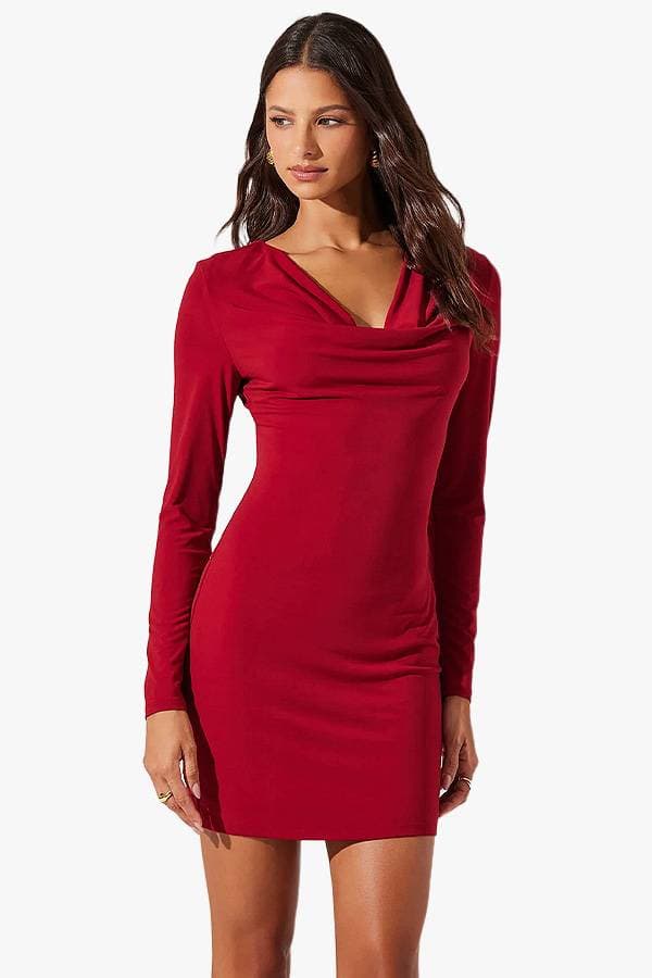 Red Cowl Neck Mini Skirt Dress | Women's - $165.00 - View 4 of 4