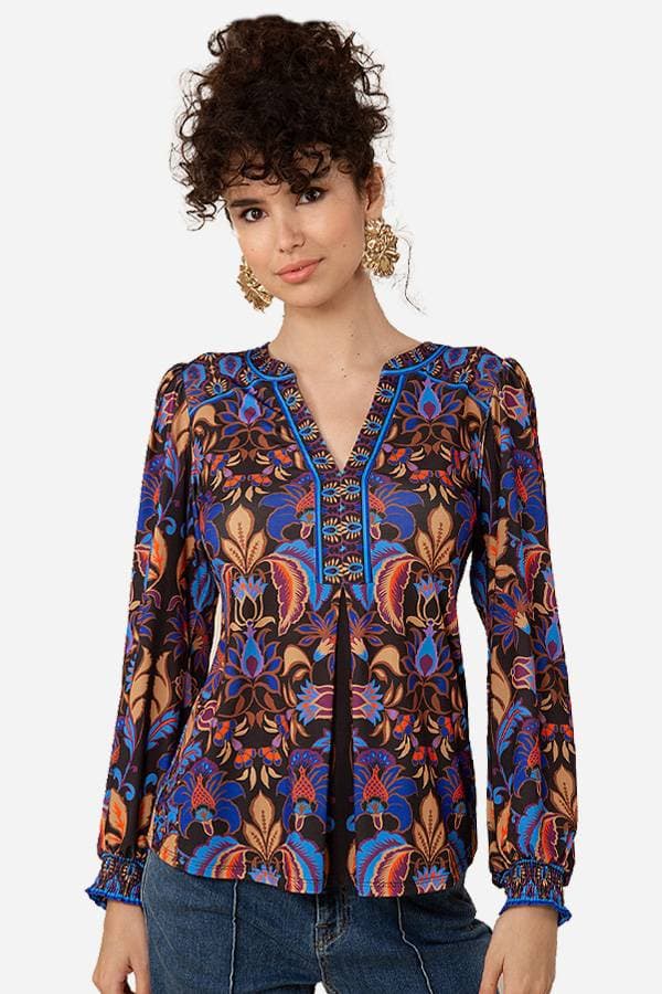 Blue Brown Vneck Printed Top | Women's - $185.00 - View 1 of 3