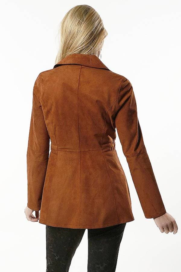 Back view of a Model wearing a cognac reversible suede and leather jacket