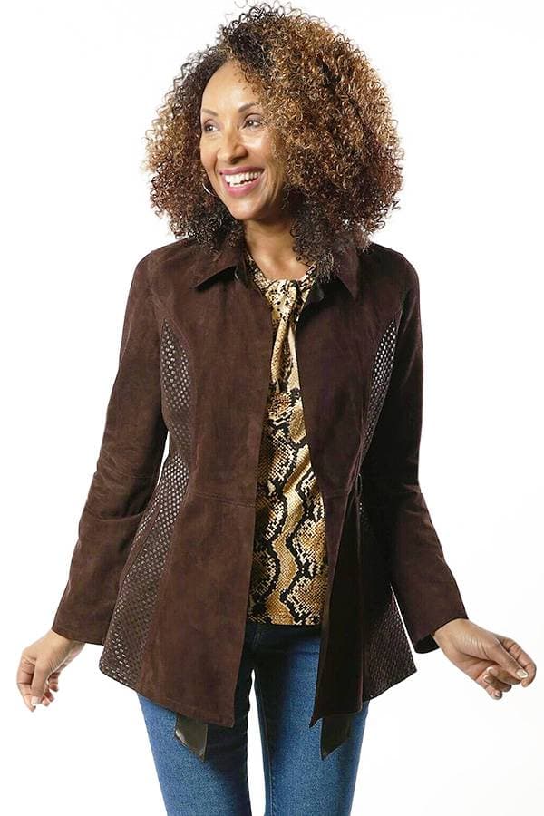 Model wearing a espresso suede reversible jacket