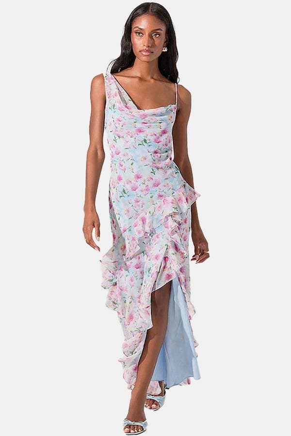 Pink Blue Offset Neckline Ruffle Dress | Women's - $295.00 - View 1 of 4