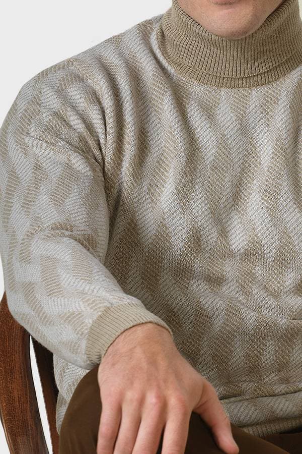 Beige and White Geometric Turtleneck Sweater | Men's - $345.00 - View 3 of 3