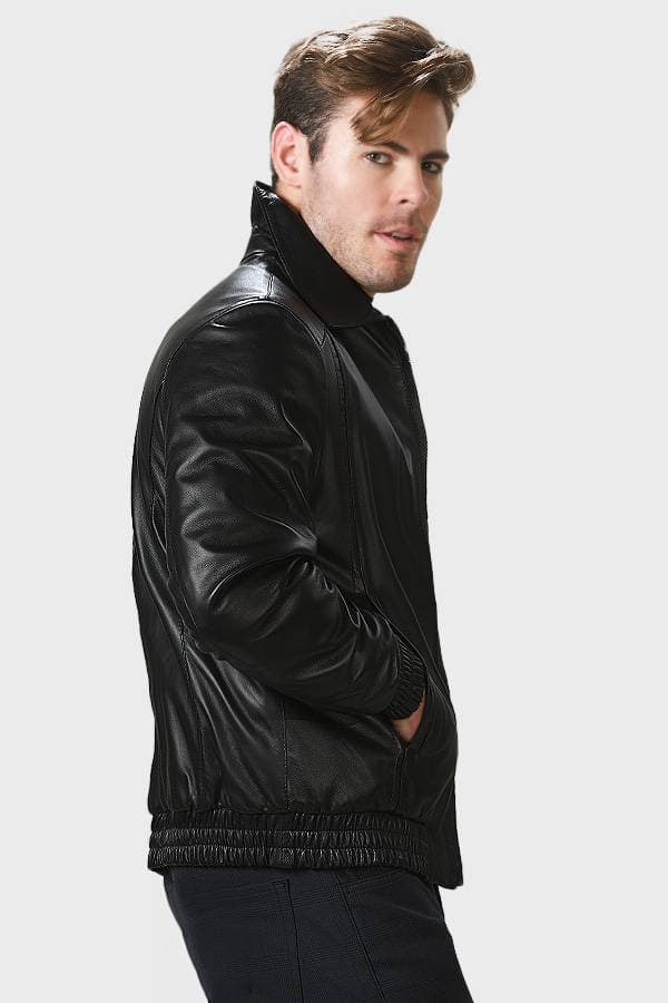 Black Leather Jacket with Croc-Trim Details -  - View 3 of 4