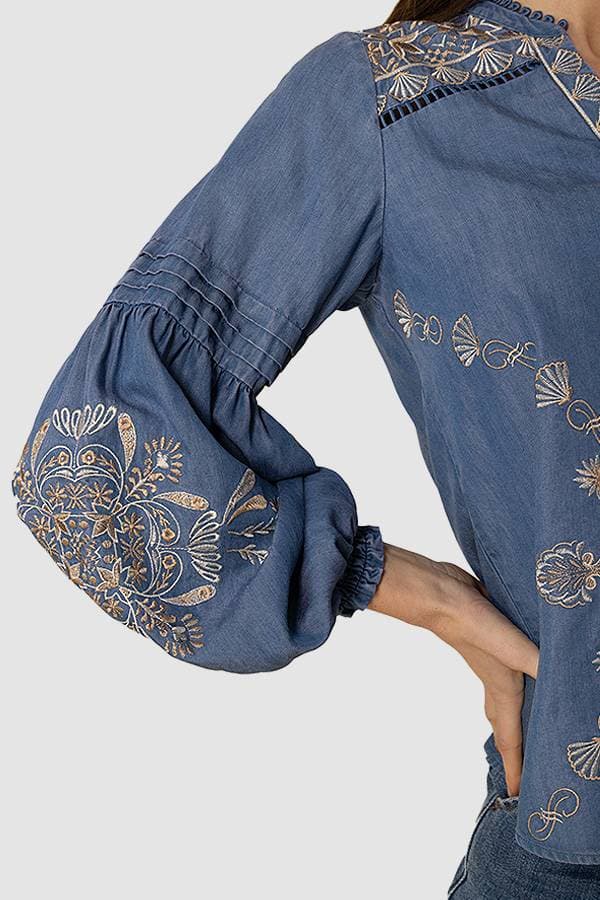 Tencel Denim Hale Bob Embroidered Top -  - View 3 of 5
