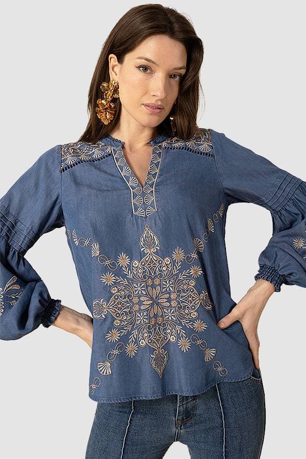 Tencel Denim Hale Bob Embroidered Top -  - View 4 of 5