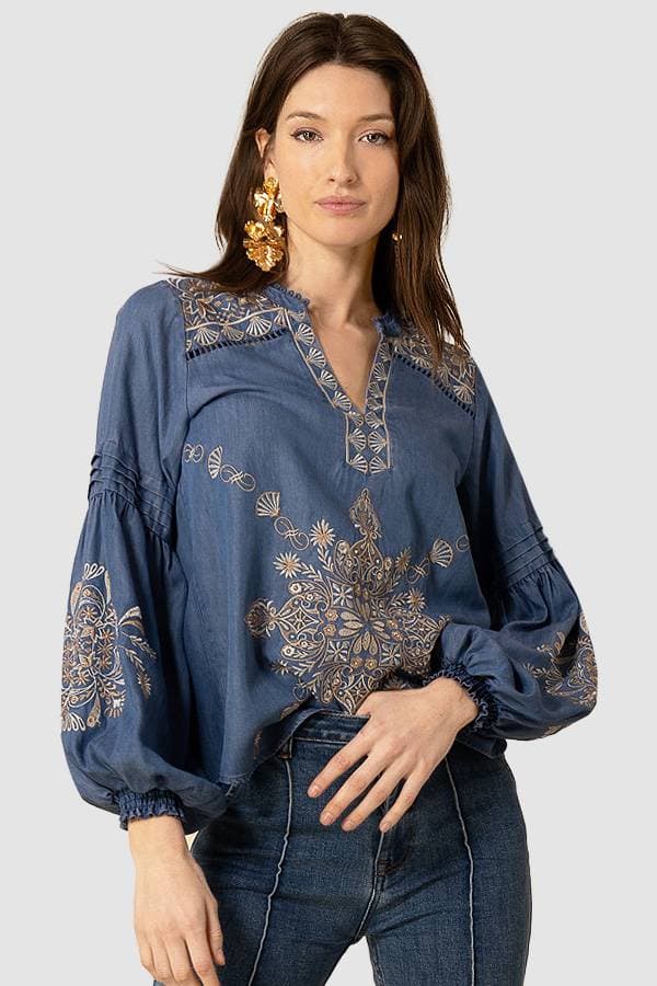 Tencel Denim Hale Bob Embroidered Top