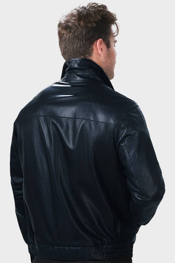 Navy Leather Zip Jacket