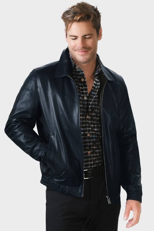 Navy Leather Zip Jacket