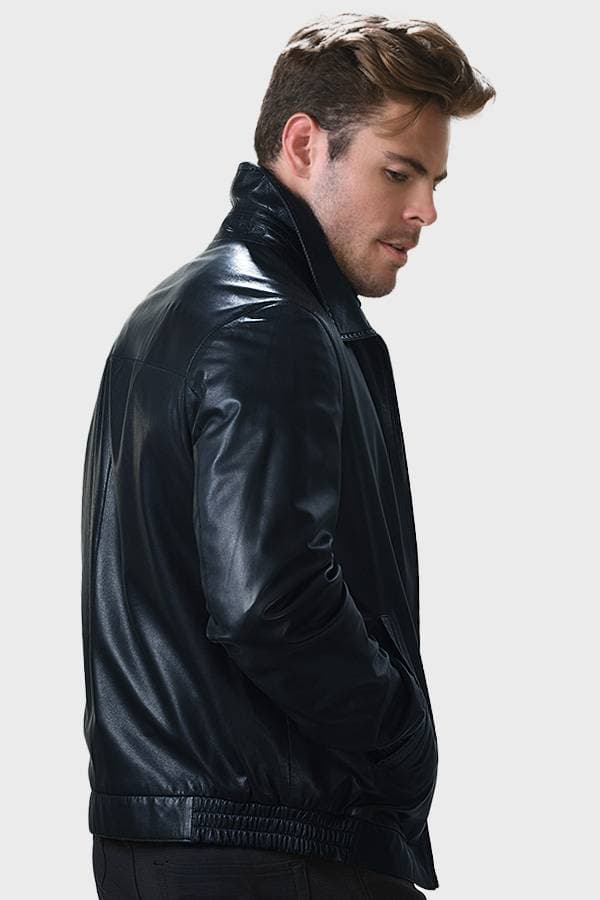 Navy Leather Zip Jacket