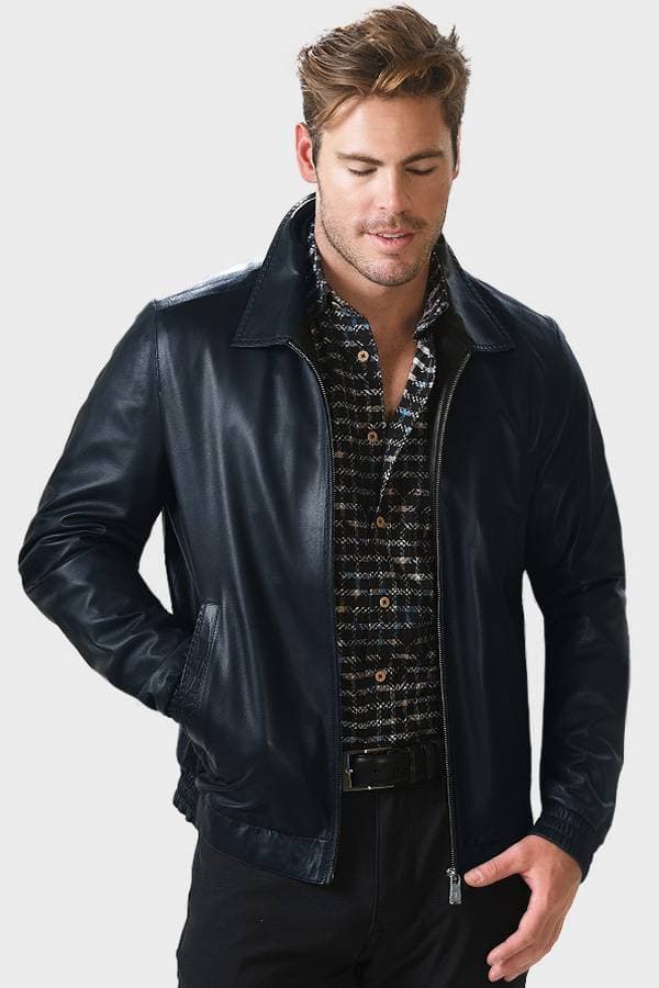 Navy Leather Zip Jacket