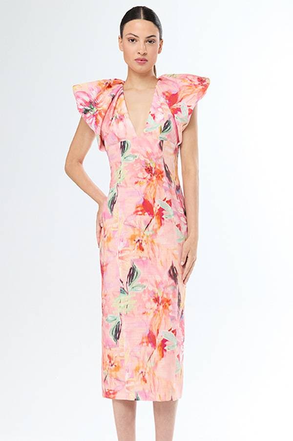 Pink Linen-Look Print Cocktail Dress | Women's - $395.00 - View 1 of 3