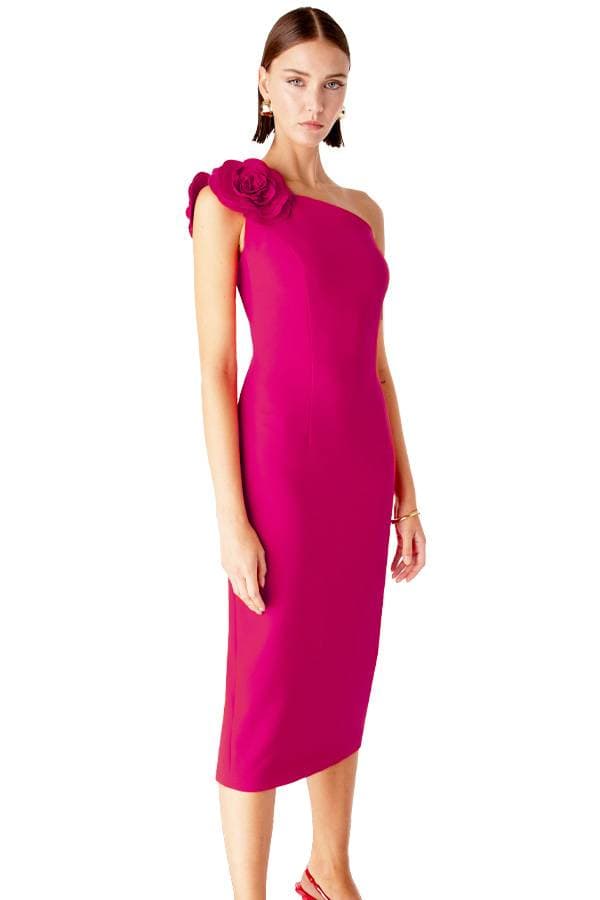 Pink Asymmetrical Shoulder Cocktail Dress with Rosette | Women's - $395.00 - View 4 of 5