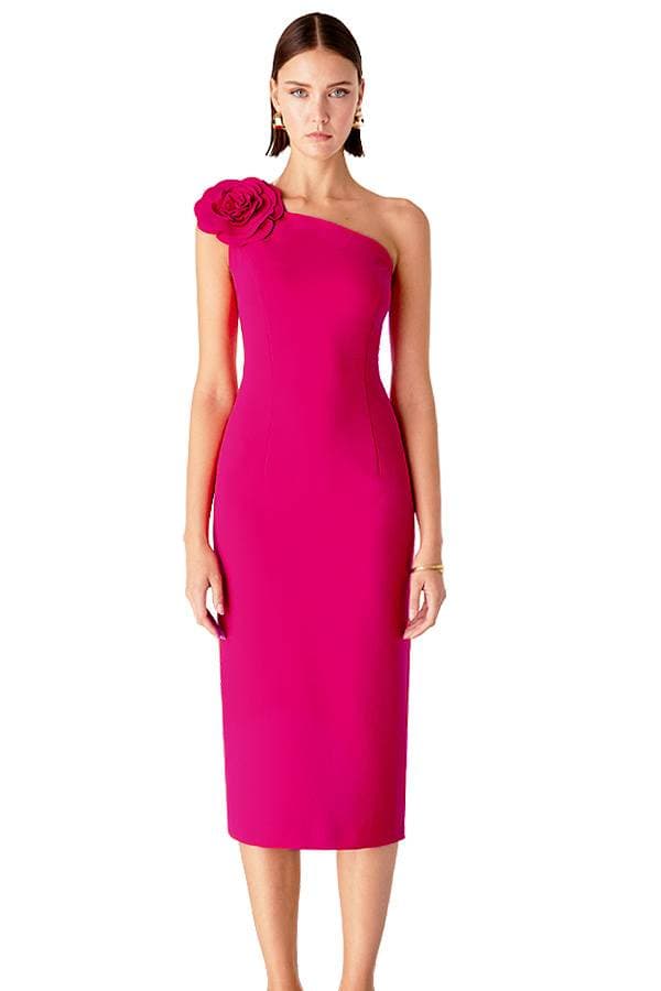 Pink Asymmetrical Shoulder Cocktail Dress with Rosette | Women's - $395.00 - View 5 of 5