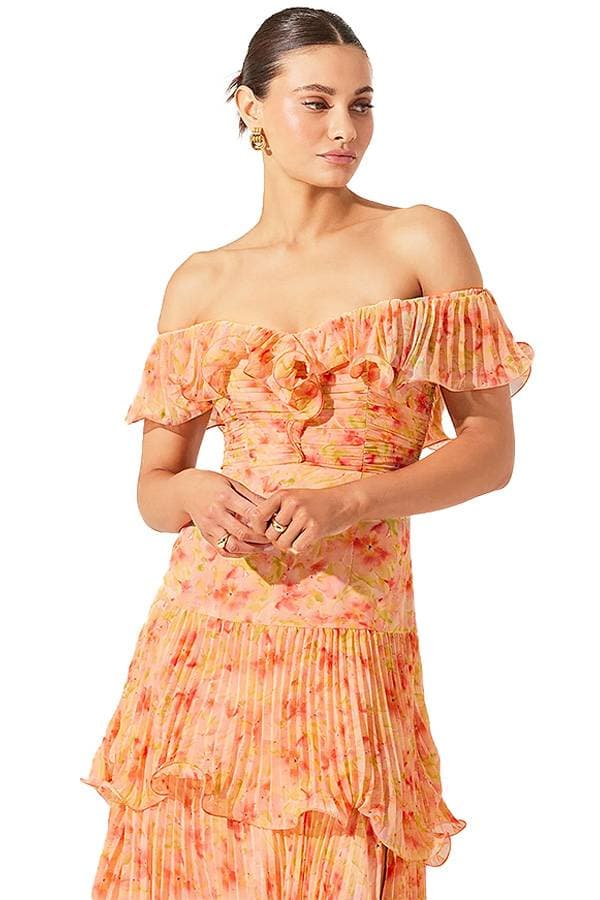Off-The-Shoulder Coral Orange Floral Dress - $265.00 - View 3 of 5