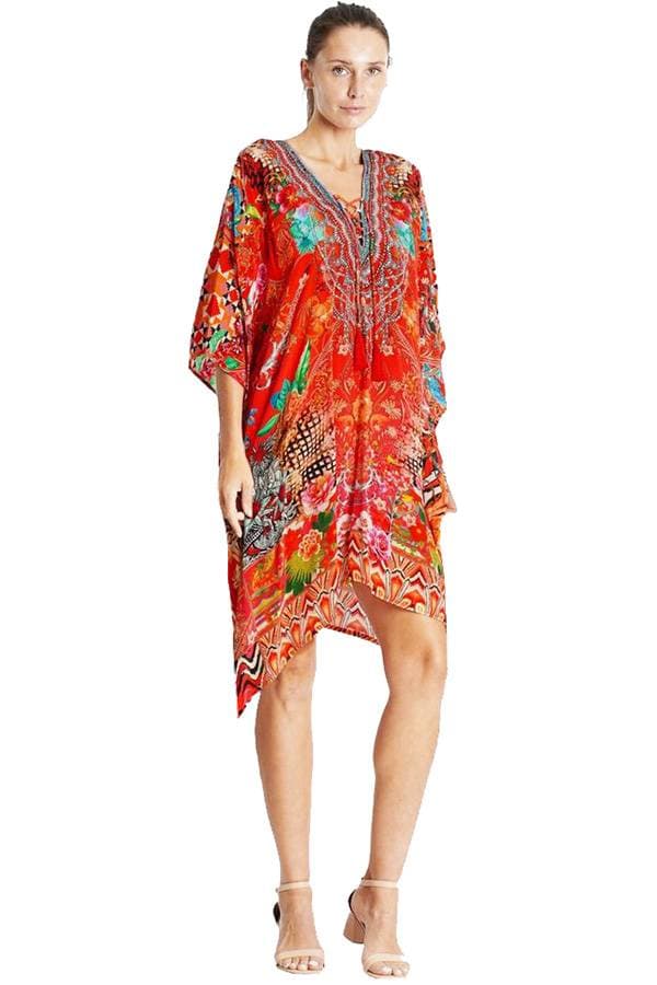Red Printed Silk Viscose Kaftan - 26500 - Main product view