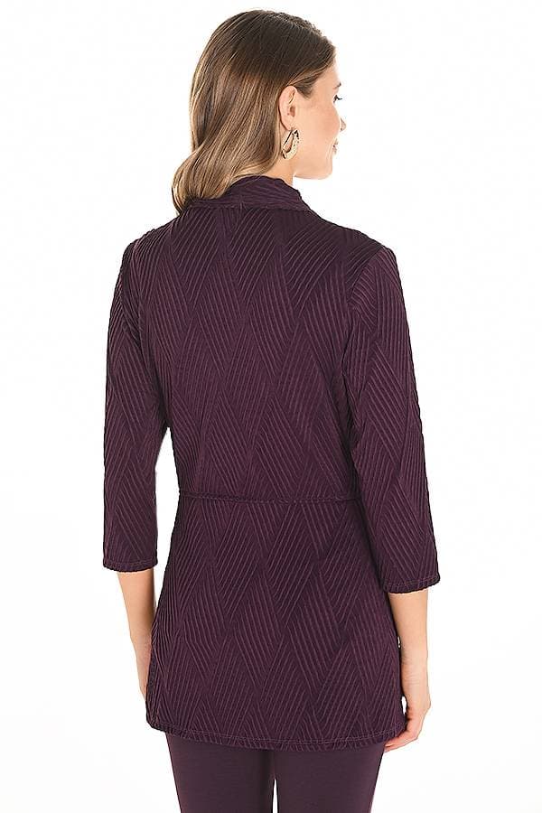 Back view of a woman wearing a wine-colored textured jacket with a geometric diamond pattern. The jacket features three-quarter sleeves and a tailored fit that gently flares at the hem.