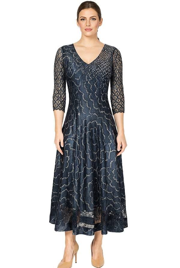 Model wearing a navy and black lace midi dress displayed against a white background, floating as if on an invisible mannequin. The dress has a V-neckline, three-quarter lace sleeves, and a flared A-line skirt with a large floral pattern