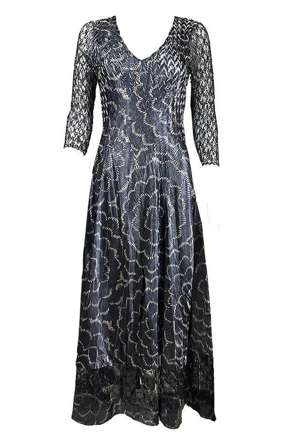Navy Charmeuse V-Neck Dress with Lace Sleeves | Komarov Dress
