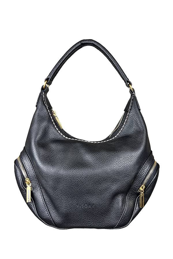 A black leather handbag with a single handle, gold zipper accents on both sides, and a spacious slouchy body.
