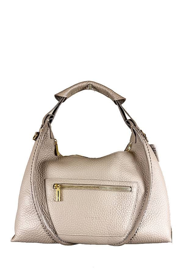 Cream color leather tote bag with a zipper pocket