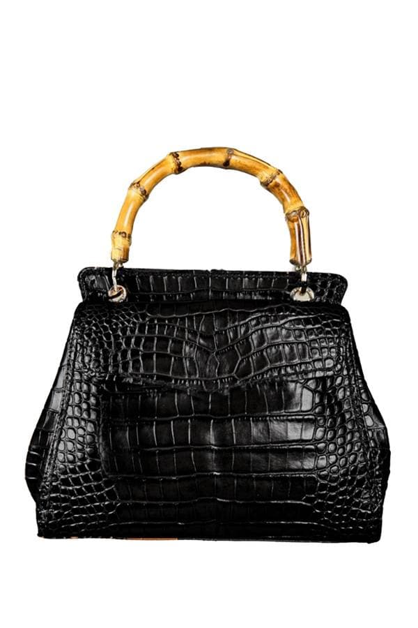 Back view of Black crocodile-embossed leather handbag with a bamboo handle