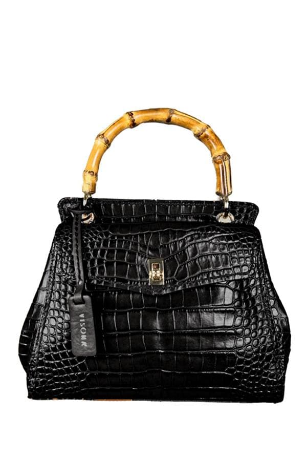 Black crocodile-embossed leather handbag with a bamboo handle