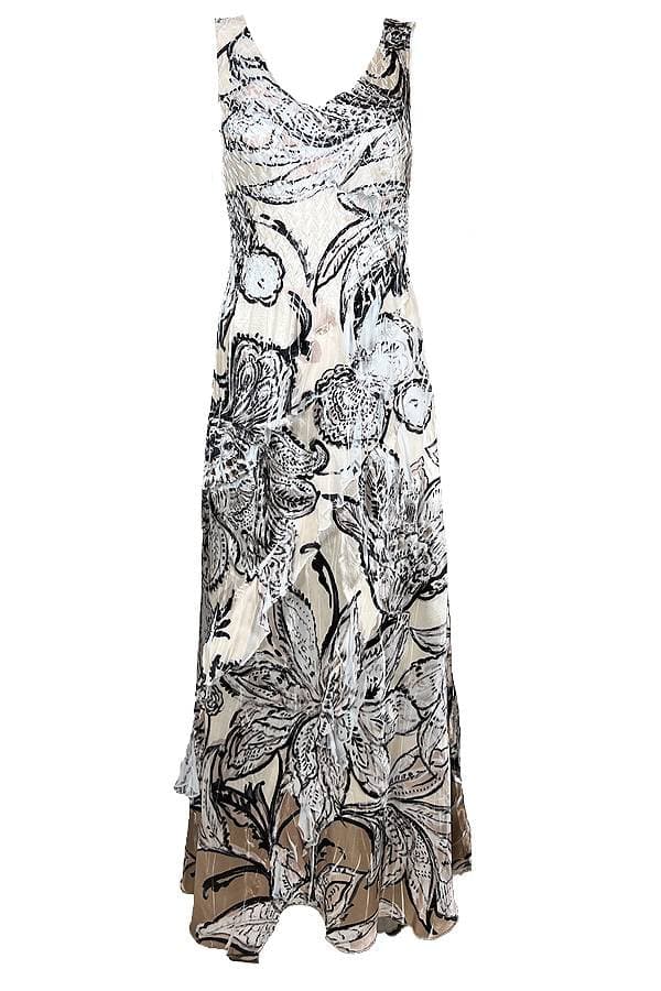 Beige Crinkle Ruffle Dress with Muted Paisley Pattern | Komarov Dress