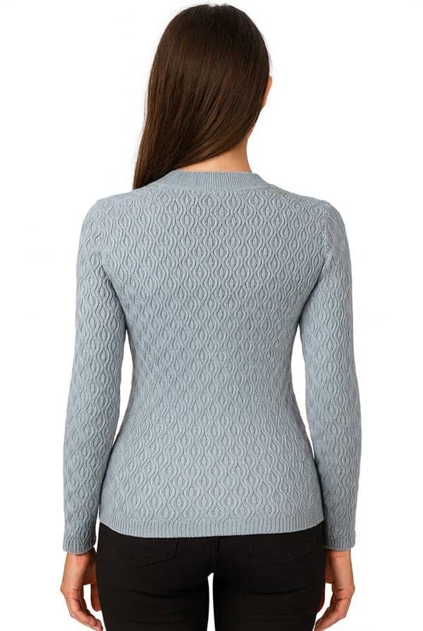 ack view of a light gray textured sweater with a wavy knit pattern and fitted silhouette.