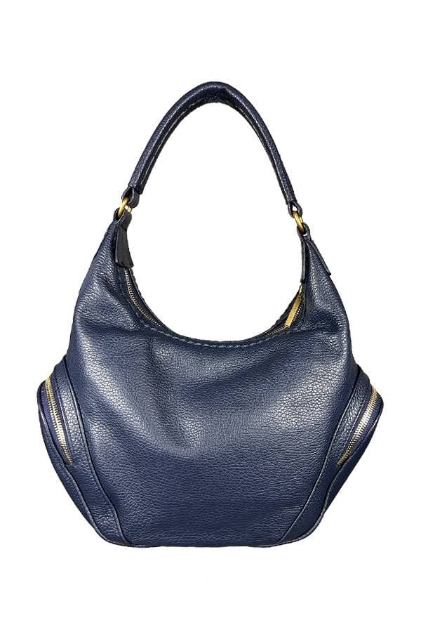 Back view of a navy blue leather hobo handbag with a single handle, gold zipper accents on both sides, and a spacious slouchy body.