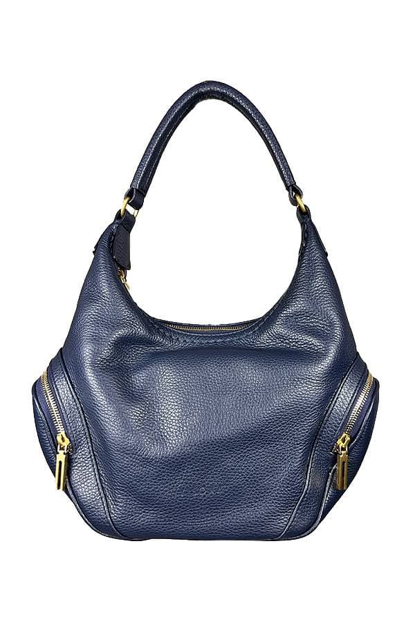 Navy blue leather hobo handbag with a single handle, gold zipper accents on both sides, and a spacious slouchy body.