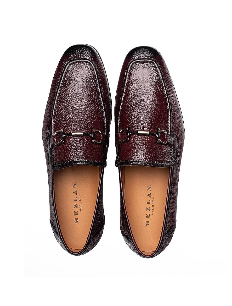 upper view of men's loafer shoes in dark red with metal detail on top - Mezlan brand