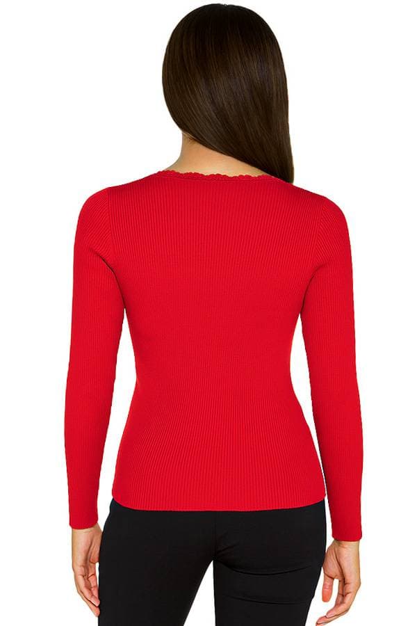 Back view of a fitted, long-sleeve ribbed red sweater showing smooth ribbed texture and scalloped neckline detail at the back.