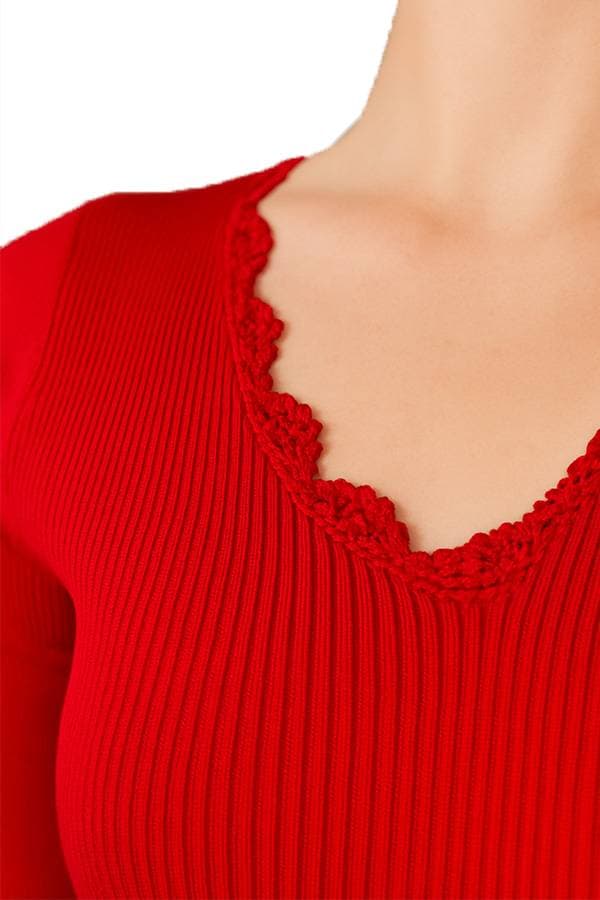 Red Floral-Edge Scoop Ribbed Knit Top