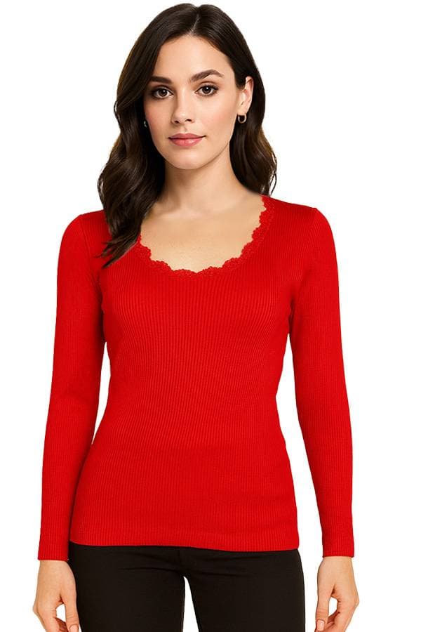 Woman wearing a fitted, long-sleeve ribbed red sweater with a scalloped lace-trimmed neckline