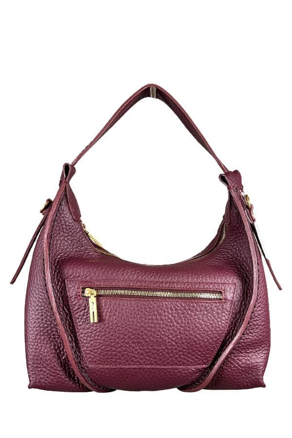 Back side of a red Leather Tote Bag with a zipper pocket