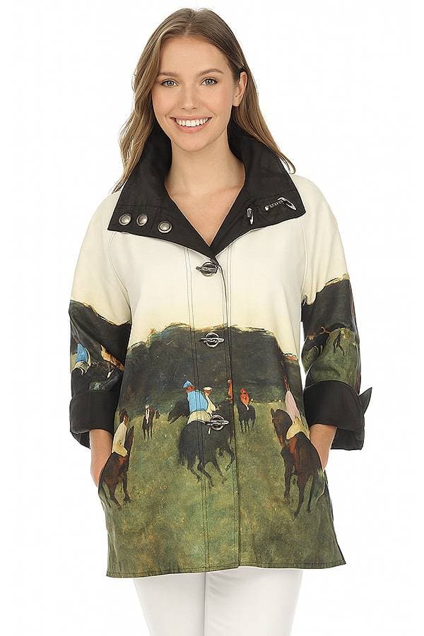 A woman wearing a jacket with an equestrian-themed design.