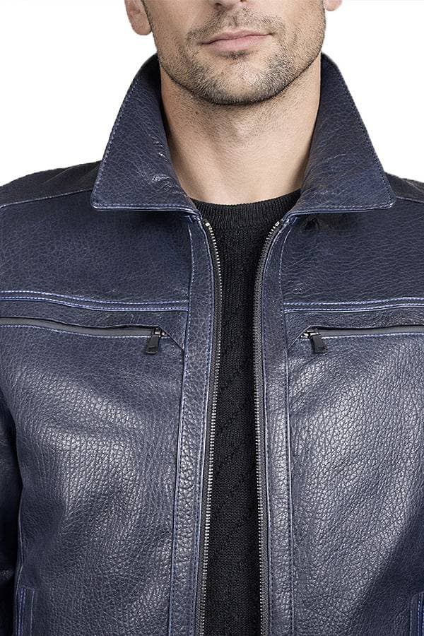 Leather Navy Blue Zip Jacket