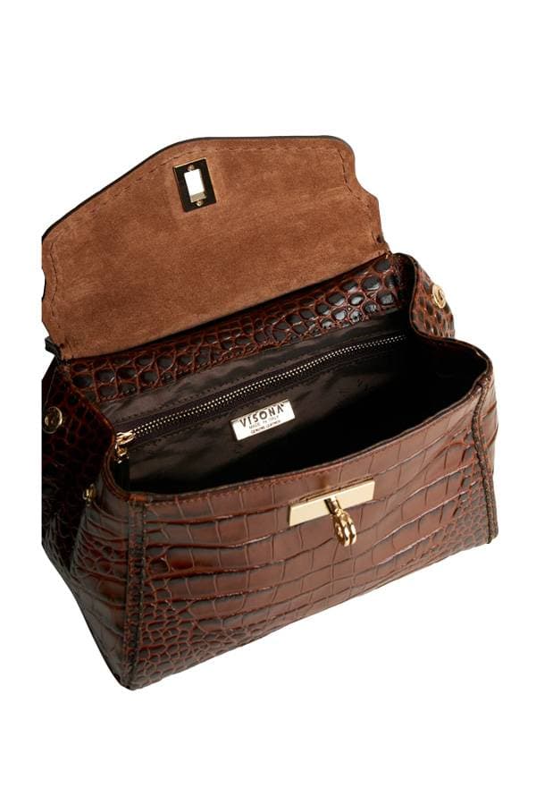 Brandy Brown Medium Stamped Croc Kelly Bag - Made in Italy