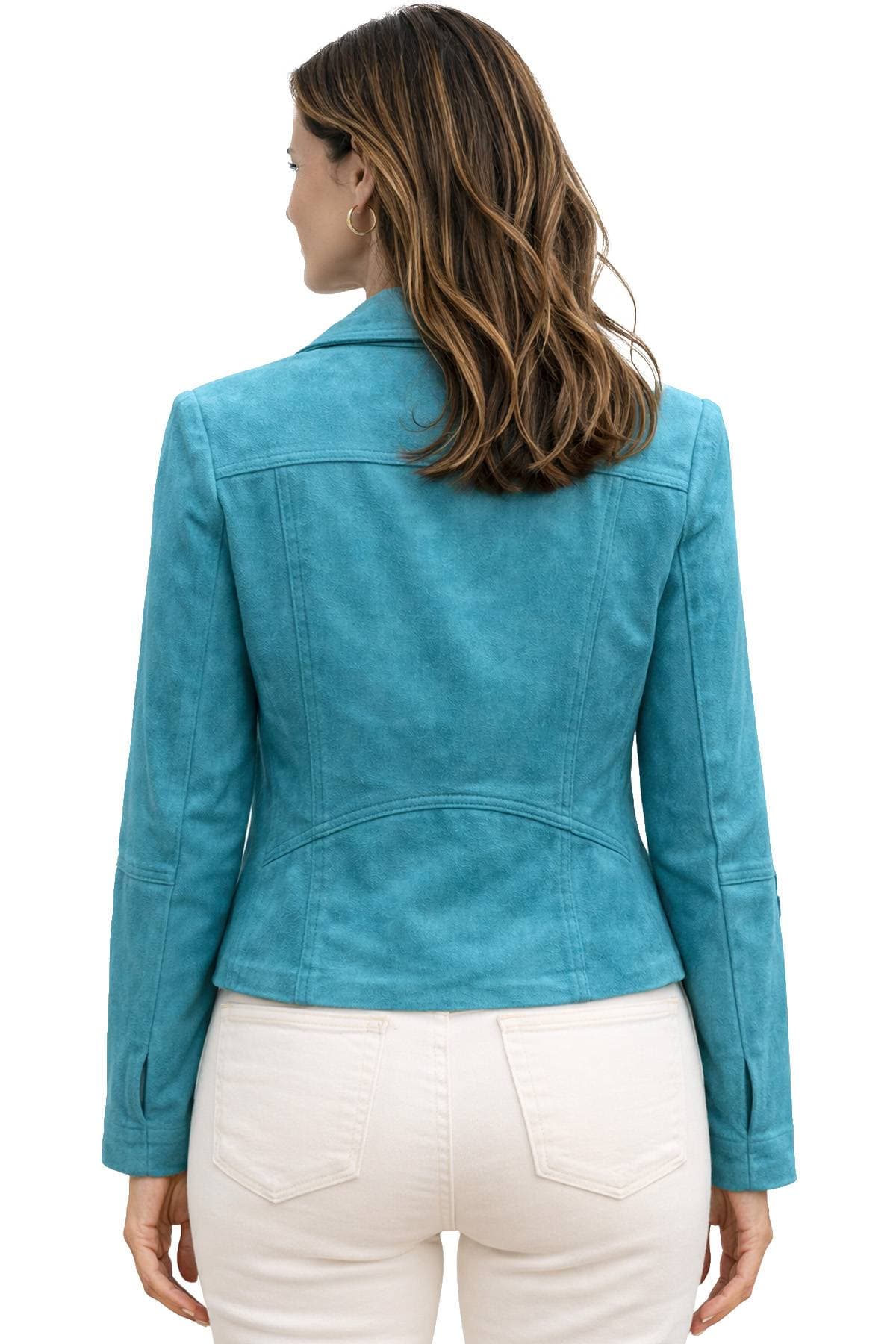 A woman with long hair is wearing a turquoise jacket and white pants, viewed from the back.