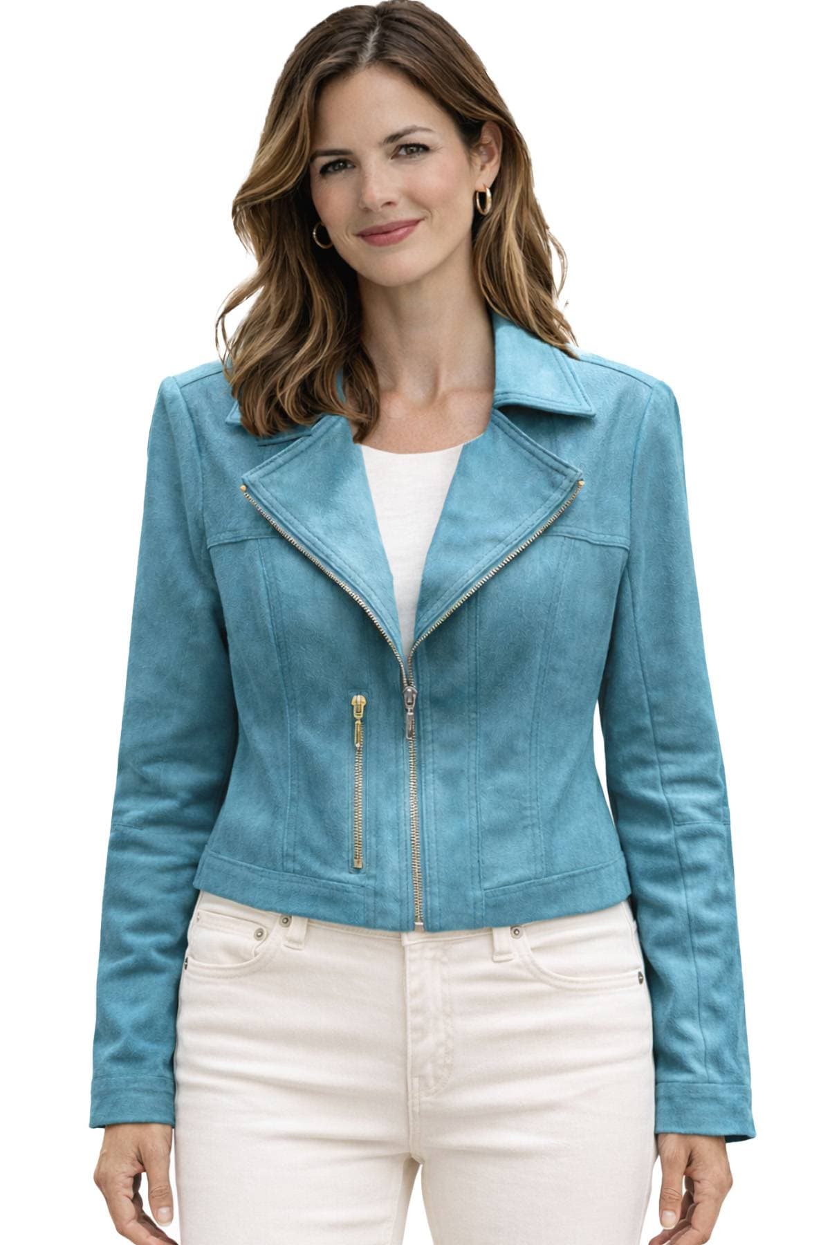 A woman wearing a teal jacket over a white top.