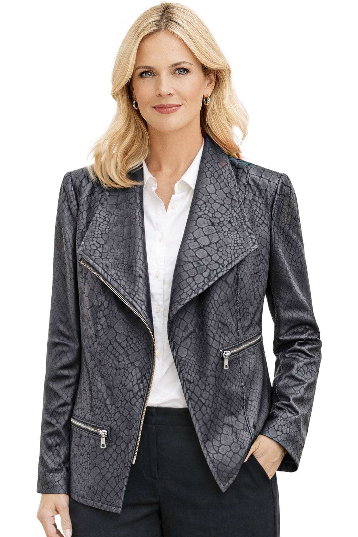 A woman wearing a textured black jacket with a white shirt.